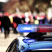 flashing police siren escort during the demonstration through the streets of the city