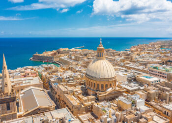 Aerial view of Lady of Mount Carmel church, St.Paul's Cathedral in Valletta city, Malta