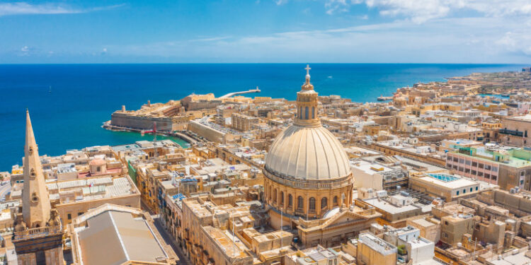 Aerial view of Lady of Mount Carmel church, St.Paul's Cathedral in Valletta city, Malta