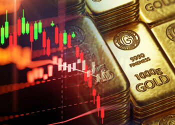 stack of  shiny gold bars on down trend financial gold price graph ,concept of economy crash and financial crisis, 3d illustration